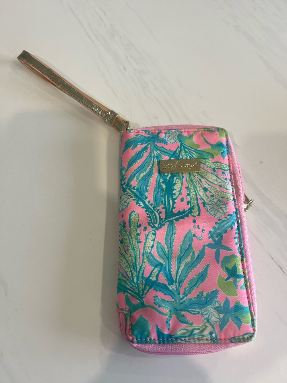 Lilly Pulitzer Pink Tropical Print Wristlet Wallet with Gold Strap